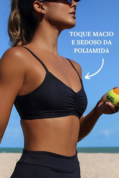 Top Fitness Alça Fina Franzido Lua Liso Beach Tennis